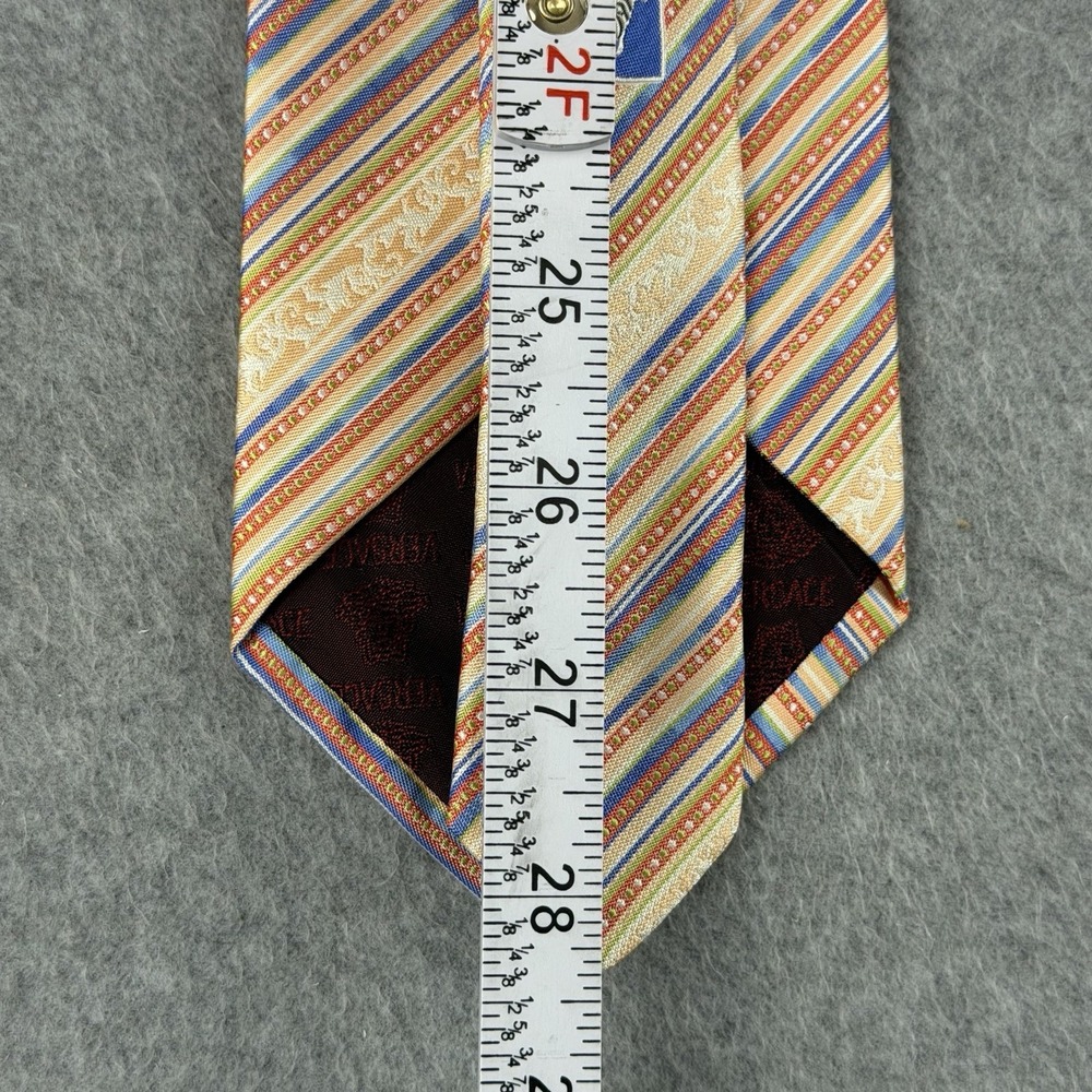 Vintage Versace Silk Tie Medusa Logo Multicolor Striped Made Italy Mens 56x3.6" - Picture 7 of 8